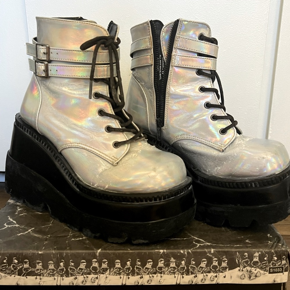 Demonia holographic silver boots